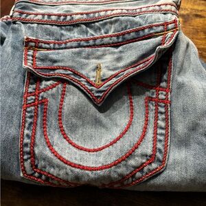 True religion men’s 40 red thread left back button missing wear on bottom leg